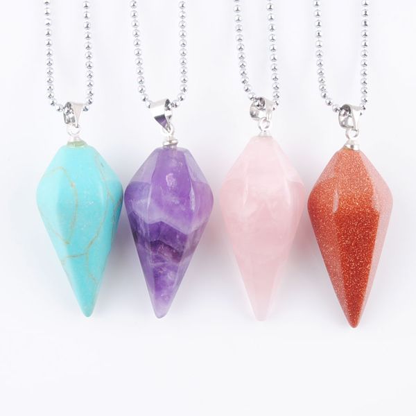 

dangle natural stone pendants with necklace chains jewelry for women man pyramid gemstone chakra pendulum 18 inches dbn351, Silver