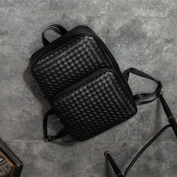 

factory whole men handbag woven backpack simple outdoor leisure plaid leather shoulder bag street trend hand-woven messenger b2449