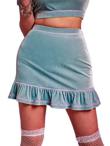 

contrast binding ruffle hem velvet skirt q5ve#, Black