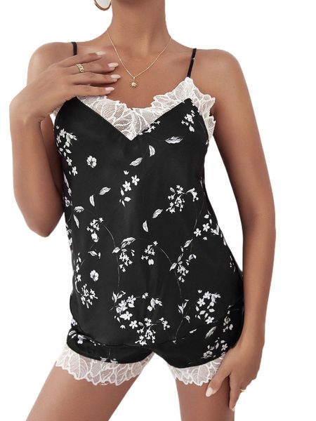 

ditsy floral lace trim pajama set w2ra#, Black;red