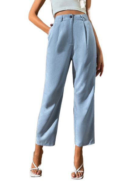 

slant pockets fold pleated straight leg pants p7cy#, Black;white