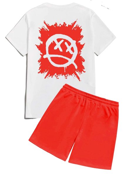 

men slogan & expression print tee & drawstring waist shorts l0fk#, Gray