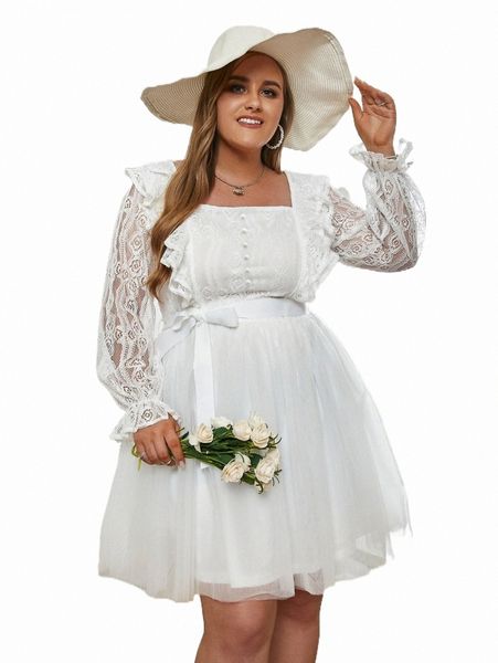 

simplee plus contrast lace flounce sleeve belted dress 95ik#, Black