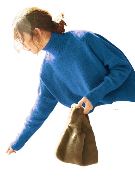 

knit mix high neck drop shoulder fuzzy sweater k2mo#, White;black