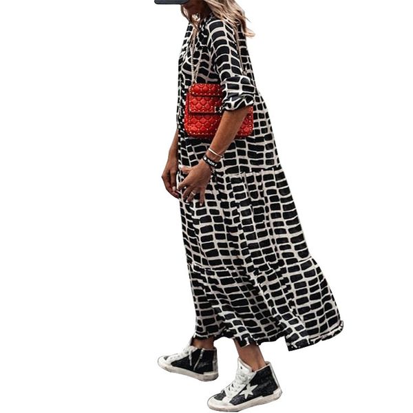 

casual dresses fashion leopard printed a-line party women spring pleated loose maxi dress elegant long sleeve vestido#b, Black;gray