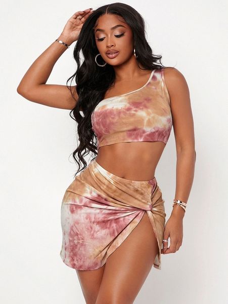 

sxy tie dye one shoulder crop & twist side split hem skirt d0cd#, White