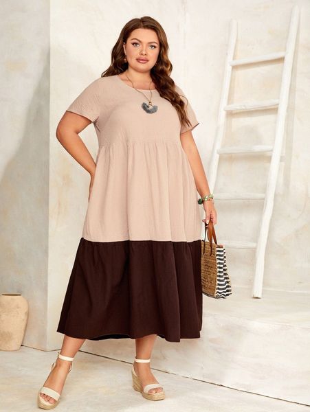 

emery rose plus two tone ruffle hem smock dress 74k0#, Black