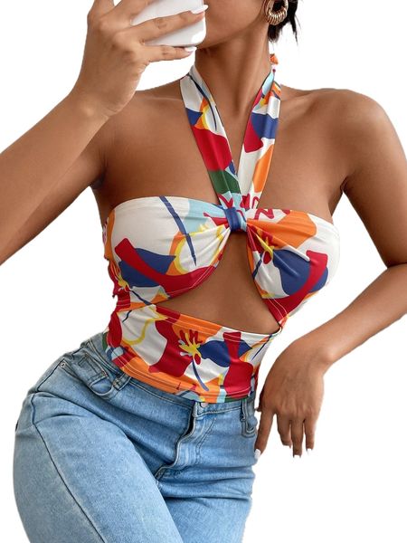 

all over print tie backless cut out halter m0ug#, White