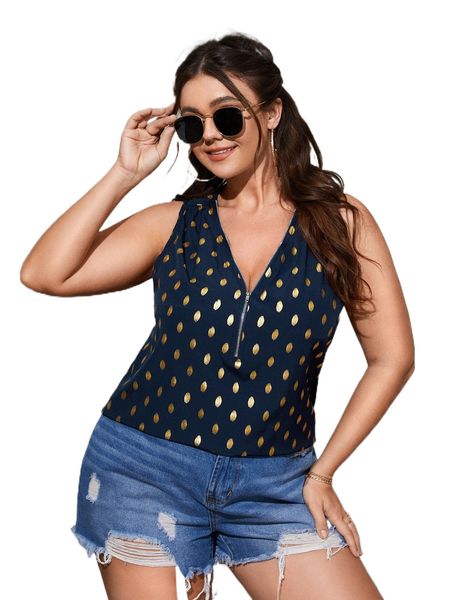 

plus gold dot print quarter zip ruched blouse a35v#, Black