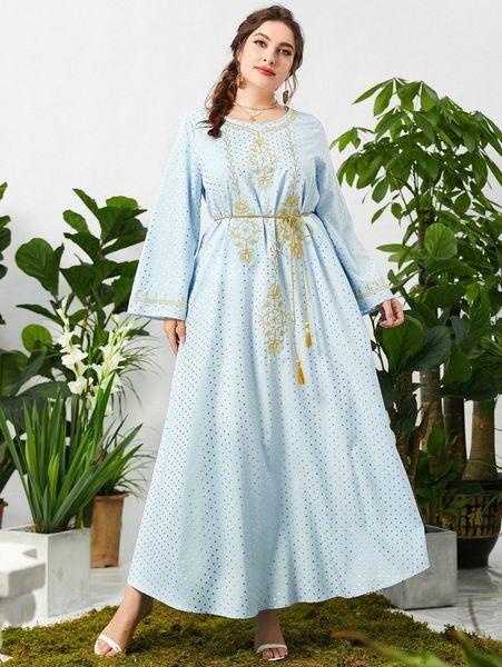 

plus gold polka dot floral embroidery tassel belted maxi dress p91u#, Black