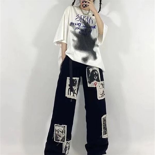 

houzhou grunge punk patchwork black jeans women hip hop streetwear print oversize wide leg trousers 90s vintage fashion pants 220331, Blue