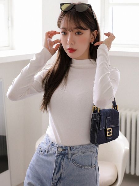 

dazy solid mock neck ribbed knit tee h5rx#, White