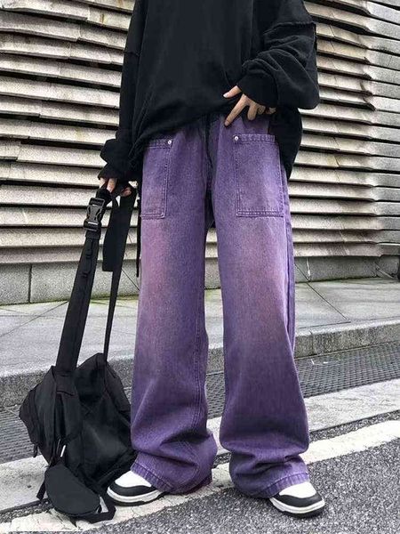 

high street men jeans 2022 new hip hop solid purple denim jean men's pant streetwear loose straight jeans for men t220726, Blue