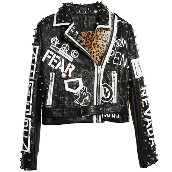 Giacca in pelle manica lunga cappotto moto rivetto leopardo impiombato giacca moto freddo breve punk rock PU cappotto femminile T200111