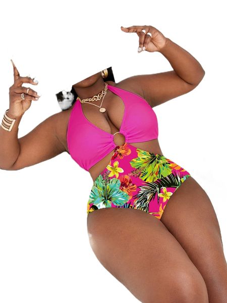 

plus floral print ring linked cut-out one piece swimsuit r98p#, White;black
