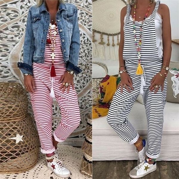 

new fashion romper women striped sleeveless loose jumpsuit dungarees overall casual harem loose strap pant trousers y200904, Black;white