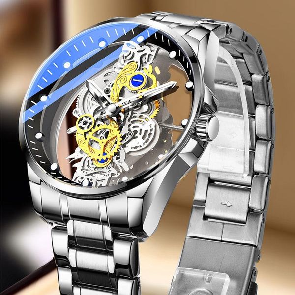 Orologi da polso Autentico orologio al quarzo scheletro Acciaio inossidabile Impermeabile da uomo Batteria incorporata Ransparent Luxury A4281
