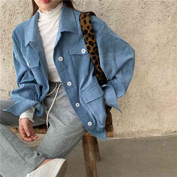 

qoerlin vintage corduroy shirt jacket turndown collar long sleeve chic leopard printed blouse 4 pockets blue jacket coat women 210412, White