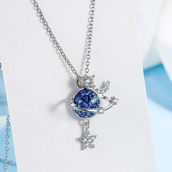 Colares de pingentes de colar de pedra azul -feminina Chain Women na clavícula do pescoço para o universo estrela lua de cristal jóia