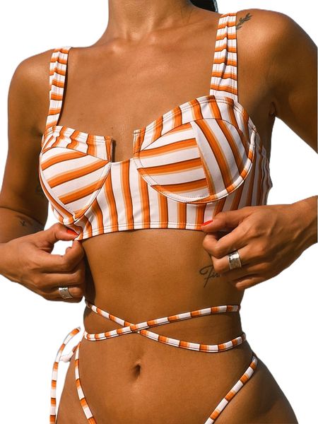 

bikinx striped print crisscross bikini swimsuit k0ig#, White;black