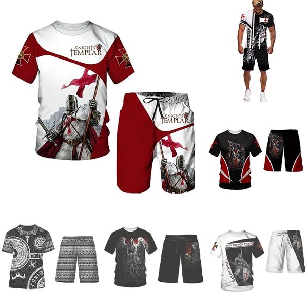 

3d knights templar printed men s t shirts shorts sets summer jogging sportswear tracksuit o neck short sleeve men clothing suit 220708, Gray