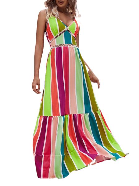

colorful striped ruffle hem maxi cami dress a9va#, Black;gray