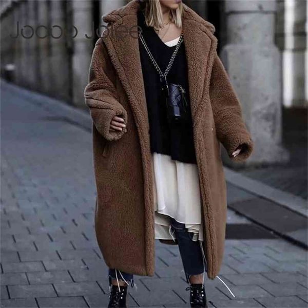 

women faux teddy coat autumn winter thick warm fluffy long fur coats female jackets overcoat plus size outwear 210416, Black