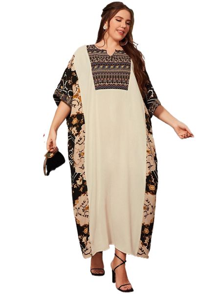 

plus floral & geo print notched neckline batwing sleeve dress 42fn#, Black
