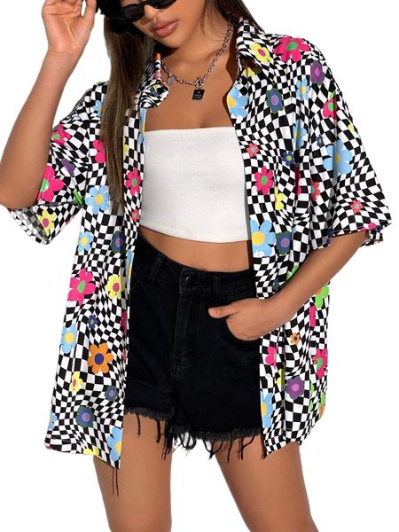

floral & checker print drop shoulder shirt p38j#, White