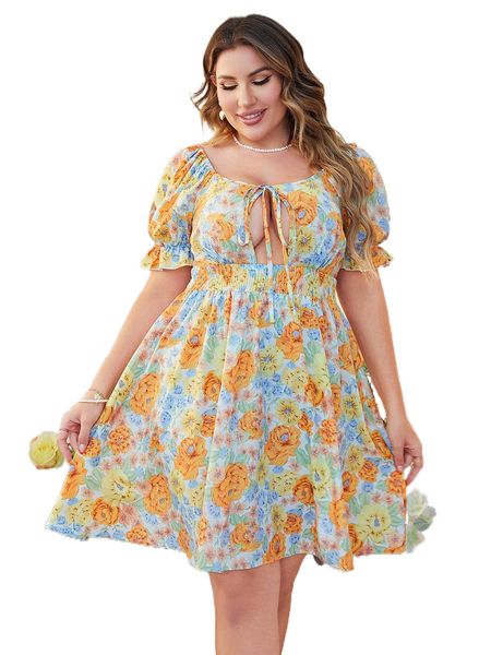 

plus floral print cut out knot front shirred puff sleeve dress f0f0#, Black