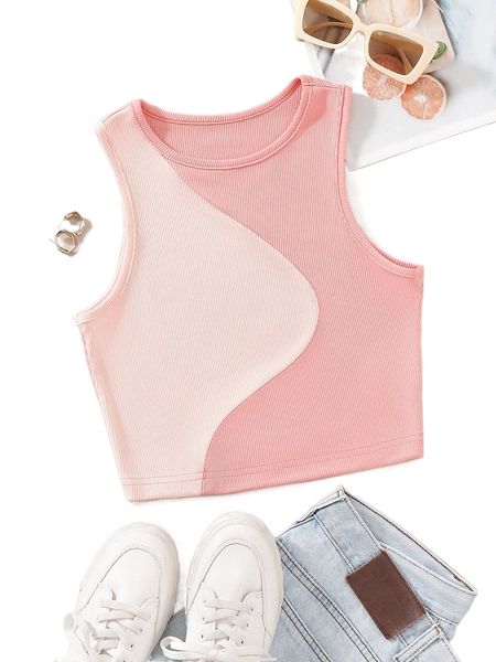 

color block ribbed knit tank j823#, White