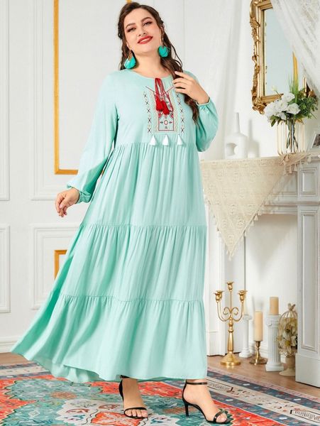 

plus geo embroidery tassel detail ruffle hem smock dress 29pn#, Black