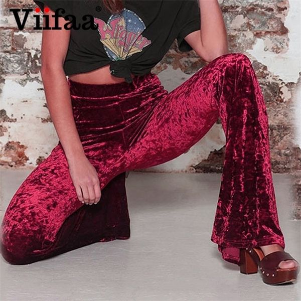 

viifaa wide leg high waist velvet flare pants stretchy skinny streetwear trouser autumn winter clothes slim 220325, Black;white