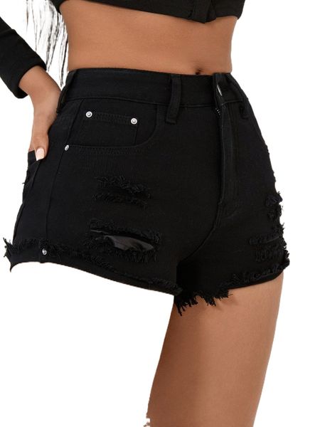 

petite high waist raw hem denim shorts c2hv#, White;black