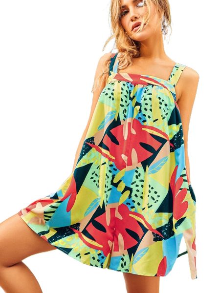 

luukse tropical print crisscross back cami romper h6an#, Black;white