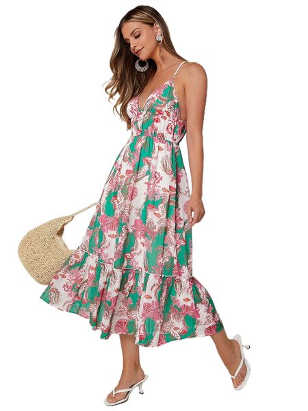 

allover print crisscross ruffle hem cami dress z7dq#, Black;gray