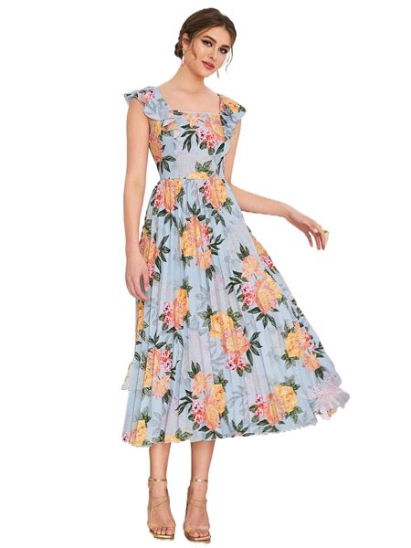 

floral print ruffle armhole pleated hem dress g4xu#, Black;gray