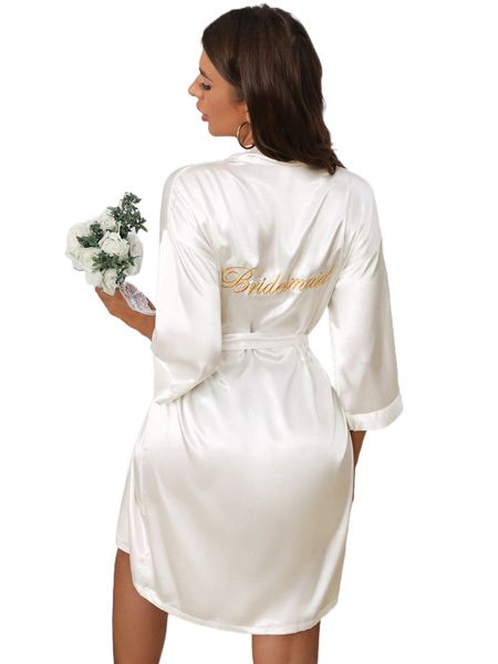 

letter embroidered belted satin bridesmaid robe j3un#, Black;red