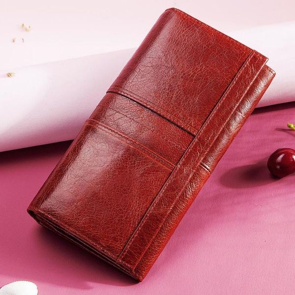 

genuine leather wallet women long female purse coin pocket portomonee clamp for phone bag card holder ladies gift 220421, Red;black