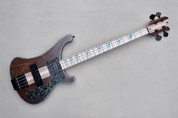 

factory custom brown walnut electric bass guitar with 4 string maple fretboard neck-thru-body abalone fret inlay colorful binding can be cus