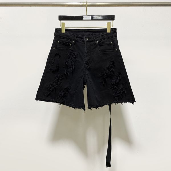 

highstreet brand rick pants denim shorts oversized ro cotton shorts owens distressed men hiphop streetwear men clothing, Blue