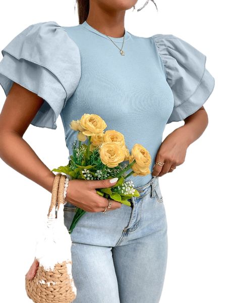 

ribbed knit butterfly sleeve tee u9a0#, White