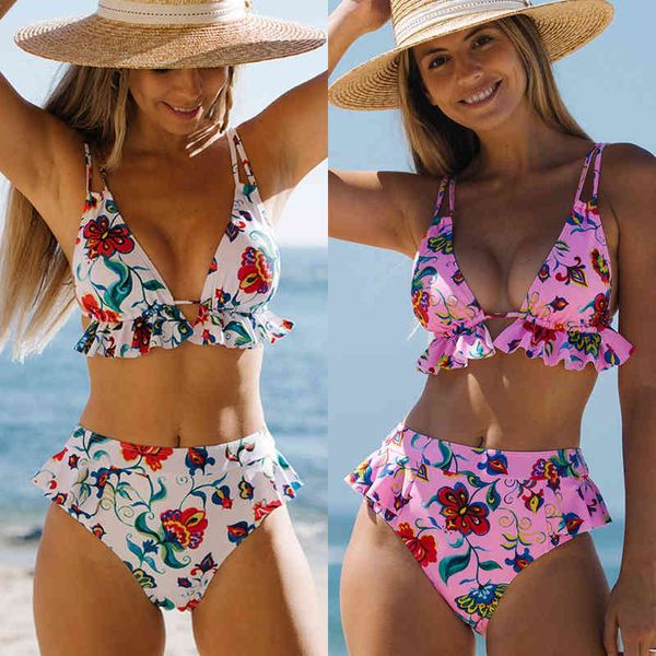 

printed swimsuit fashion ruffle women's split, White;black