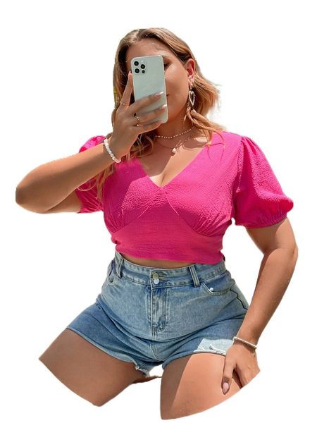 

plus puff sleeve solid crop blouse i4ih#, Black