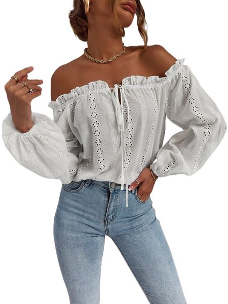 

frill trim off shoulder knot front lantern sleeve schiffy blouse k83f#, White