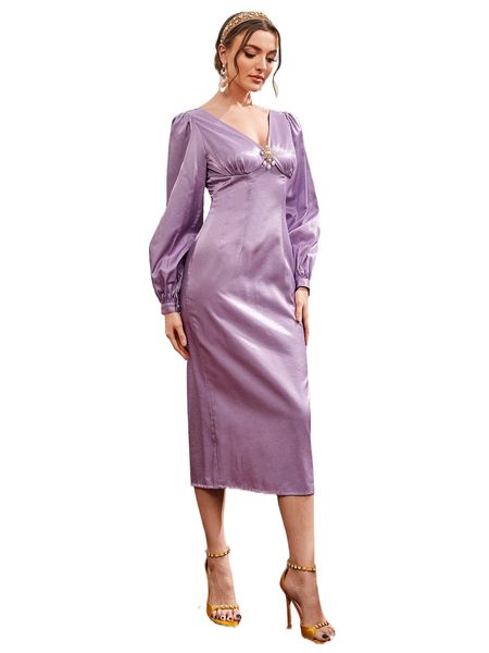 

pearl beaded tie back lantern sleeve satin dress d53l#, Black;gray