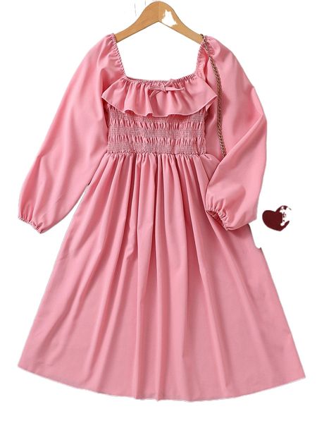 

girls shirred ruffle trim dress 66mf#, Black;white