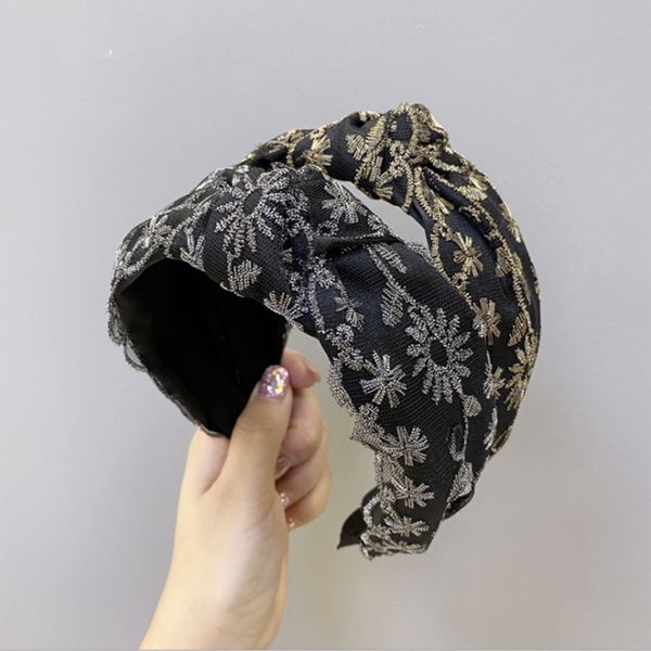 

fashion hair accessories women lace headband mesh embroidery flowers knotted wide-brimmed headbands wild girl hair band headwear, Silver