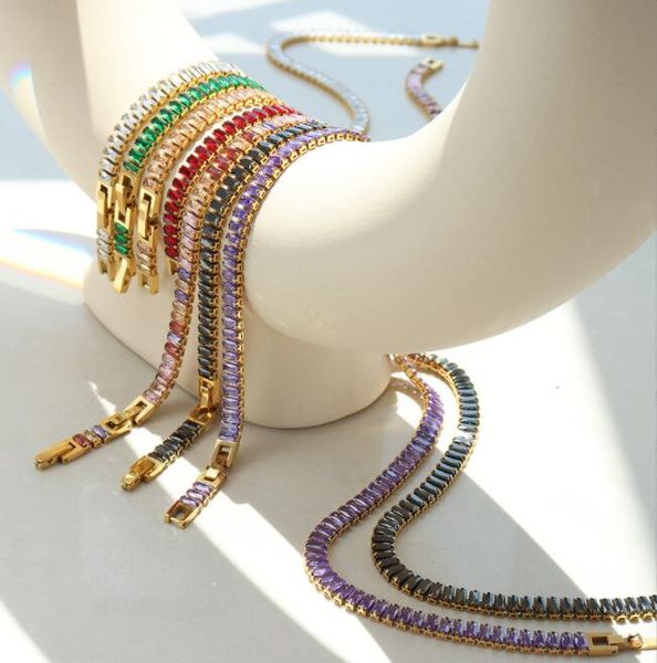 

18k gold plated chains colorful rhinestone zircon inlaid necklace 39cm bracelet 19cm set, Silver