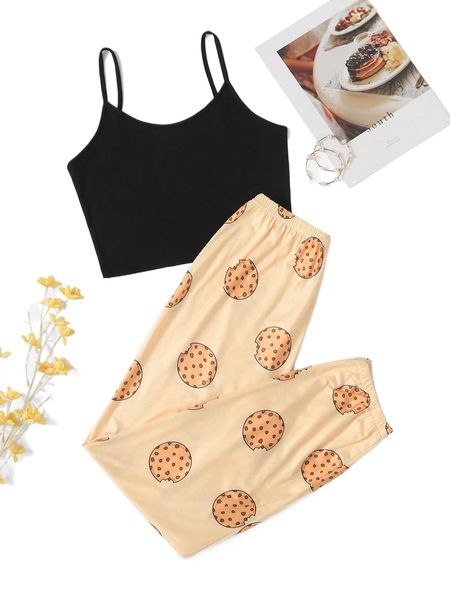 

solid cami & cookie print pants pj set w1lx#, Black;red